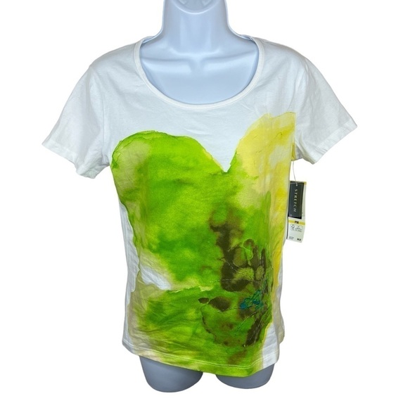 NEW Jones New York White Green Floral Sequin Tee T Shirt Short Sleeve Stretch - Picture 1 of 9